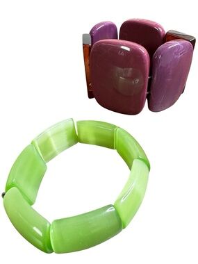 Chunky Lime Green and Plum Stretch Bracelet Bundle - Acrylic and Glass